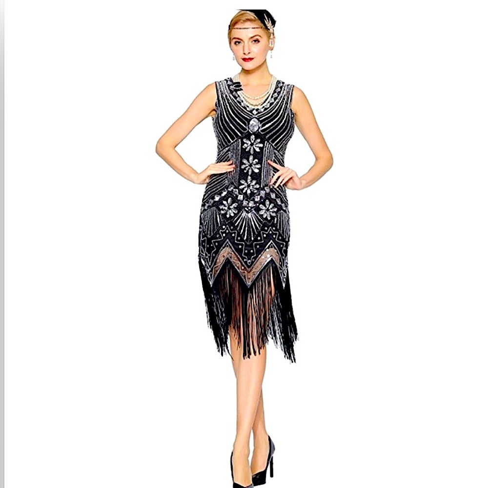 Silver and Black Sequin Beaded Flapper Style Evening dress